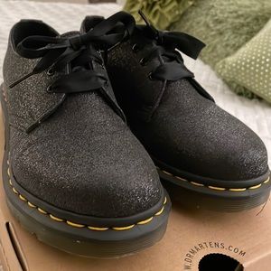 Black glitter women’s Docs with black satin laces